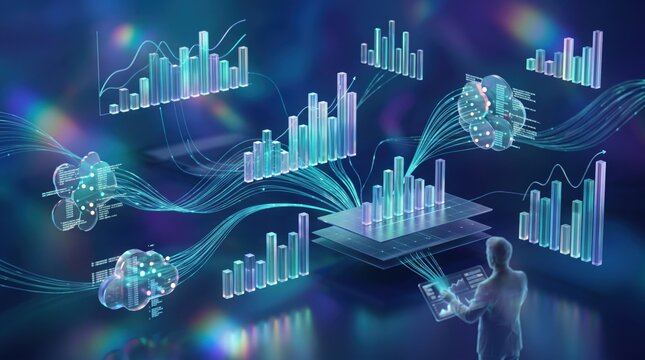 Big data analytics and cloud computing concept with glowing bar charts and graphs flowing into central processor, representing information technology.