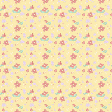 Cute Glossy Flower Seamless Pattern on Yellow, Kawaii Sticker Style Floral Design