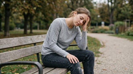 Fototapeta premium Sad young woman sitting on park bench holding head in distress.