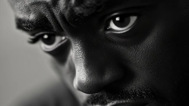 A man looking down, deep in thought or perhaps overwhelmed by emotion. The high-contrast focuses on his face and upper body, conveying a sense of introspection or concern.