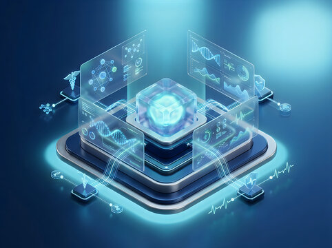 Futuristic AI chip processing healthcare data intelligence. Smart technology microchip for medical analytics and predictive diagnostics.