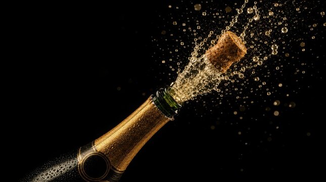 A champagne bottle cork pops open with sparkling bubbles and liquid spraying against a black background.