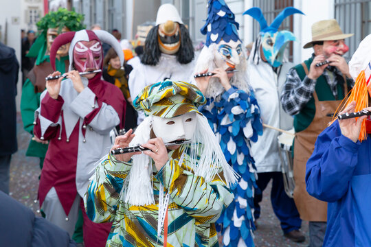 Basel carnival 2026. Small group of participants in costumes