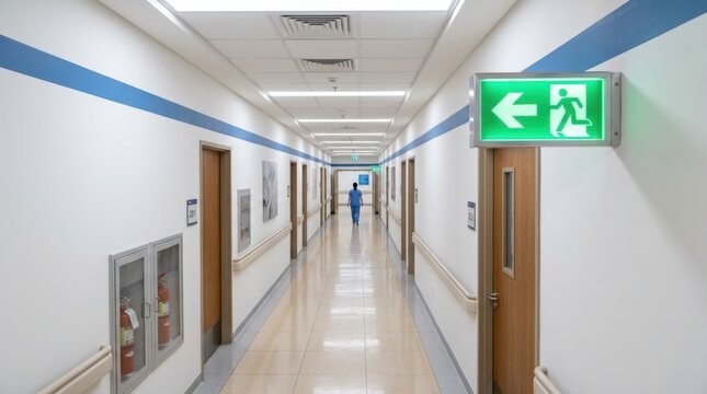 Bright, modern hospital corridor with a person in scrubs and a green emergency exit sign