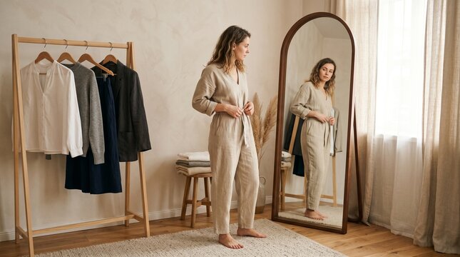 Woman in linen outfit checking reflection in full length mirror near clothing rack