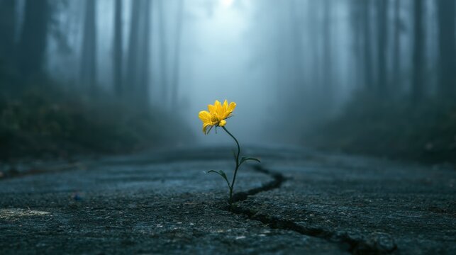 Yellow flower growing through crack in dark asphalt road surrounded by dense foggy forest with tall trees and mysterious atmosphere in early morning light