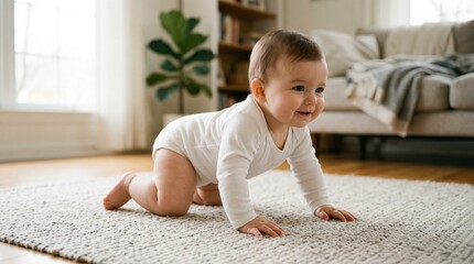 Fototapeta premium Cute baby crawling on rug in cozy living room.