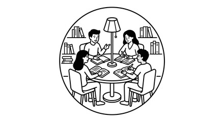 Naklejka premium Minimalist Black and White of Four People Studying Together in a Cozy Book Lined Room with high quality professional line art symbols for modern creative design and digital branding projects