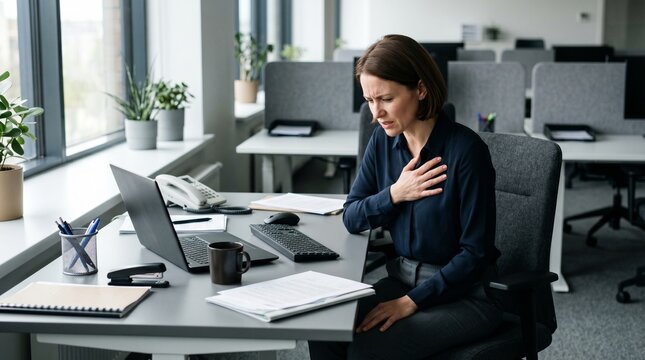 Professional woman clutching chest from heart palpitations at modern office desk.