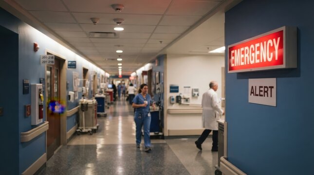 Busy hospital emergency room hallway with medical staff and a bright red emergency sign