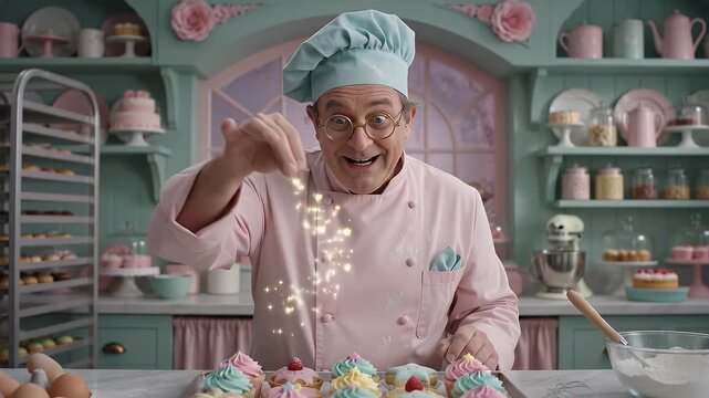 Baker in pink chef jacket kneading blue fondant on a marble countertop dusted with flour and powdered sugar for decorating sweets