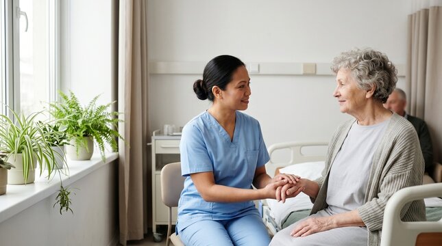 Nurse comforting senior woman patient holding hands in hospital room.