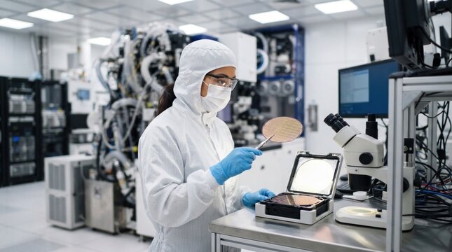 Cleanroom engineer examining a silicon wafer beside a wafer cassette and microscope, illustrating angstrom-scale semiconductor fabrication and chip miniaturization.