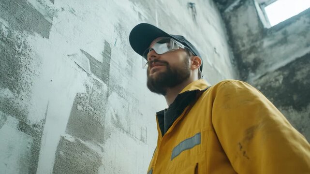 A man in a yellow jacket with goggles around his neck examining the inside of an old building.
