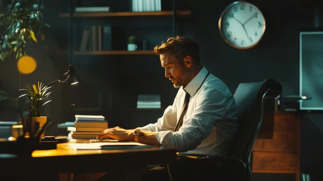 A man in an office setting, dressed formally and looking focused at his desk.