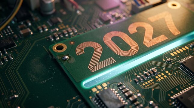 Copper trace 2027 numerals etched into a green circuit board above a glowing cyan channel with gold pads and tiny solder fillets, representing cybersecurity ai innovation and future tech concept
