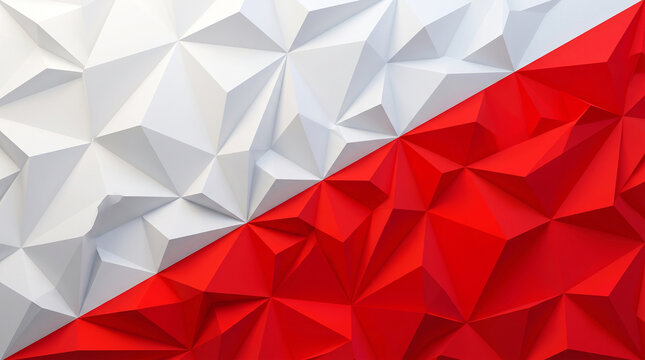 Abstract geometric background with red and white polygonal 3D facets divided diagonally symbolizing modern design national identity and creative textured art concept    generative ai
