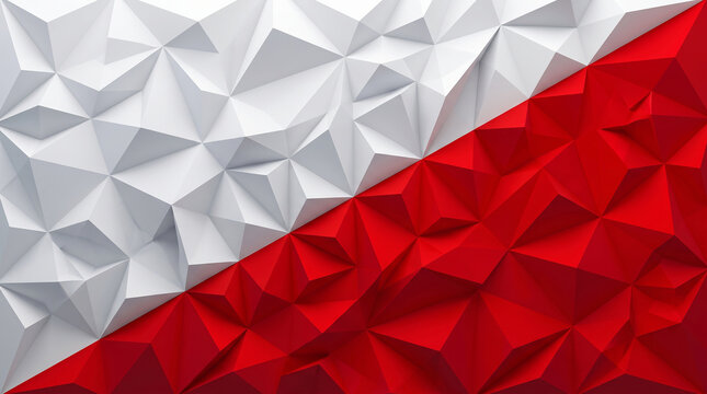 Abstract geometric background featuring red and white polygonal facets divided diagonally symbolizing modern design national identity and creative 3D texture art    generative ai