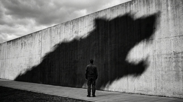 Man's Shadow Casts a Dragon Shape on a Concrete Wall - Surreal Concept