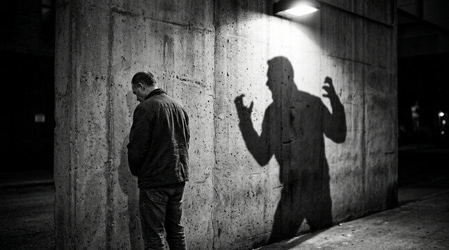 Man's Shadow on wall, representing inner struggle, anxiety, mental health, crisis, night