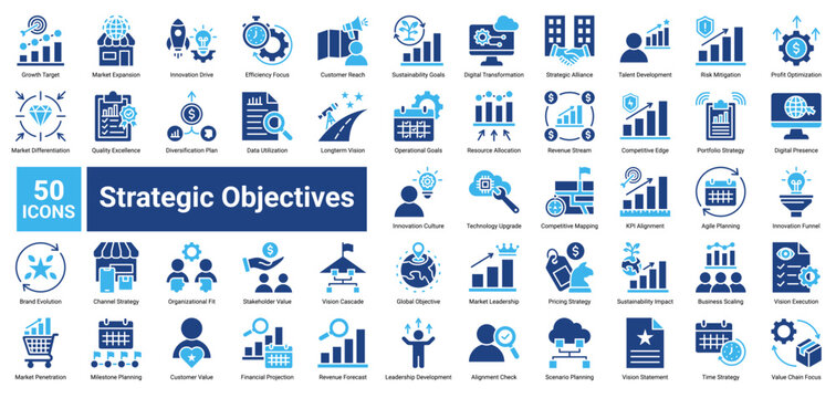 Strategic Objectives icon set containing Growth Target, Market Expansion, Innovation Drive, Digital Transformation, Vision Execution, and more to illustrate business planning, growth.