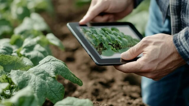 A farm worker holding a tablet computer while standing amidst crops.