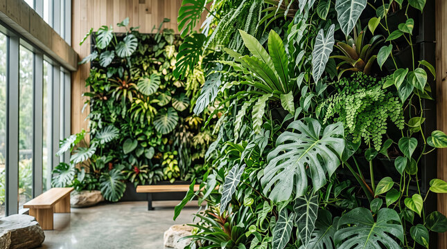 Modern indoor space with lush vertical garden featuring tropical plants and natural light symbolizing sustainability biophilic architecture and eco interior design    generative ai