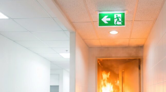 Hallway with exit sign and fire