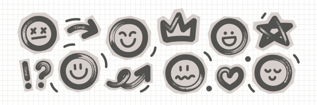 Hand-drawn brush marks and marker doodles form organic smile and stars. Rough textures with bold strokes. Ideal for retro designs, scrapbook projects. Vector illustration.