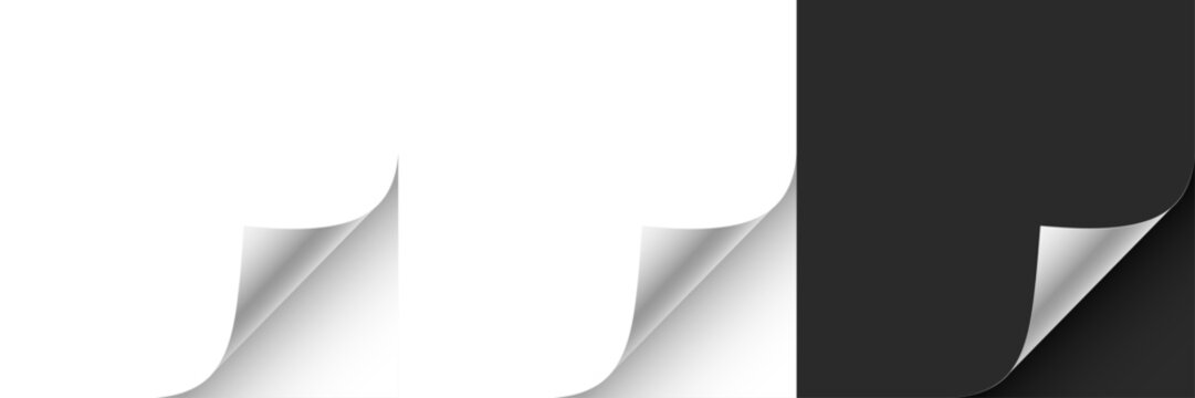 Paper curl corner background. Curled paper corner with realistic page fold effect. White sheet edge peeling back, revealing shadow and depth. Minimal vector illustration.