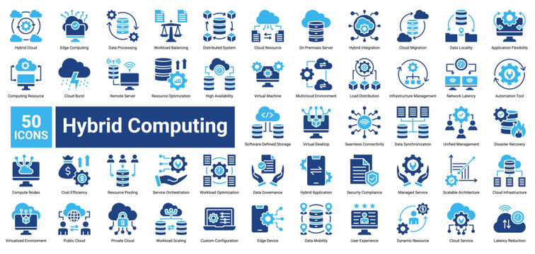 Hybrid Computing icon set containing Hybrid Cloud, Edge Computing, Cloud Migration, Virtual Machine, Data Synchronization, and more to illustrate flexible, scalable, and integrated IT infrastructure.