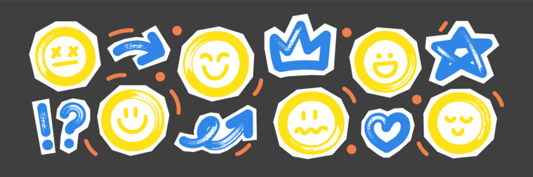 Hand-drawn brush marks and marker doodles form organic smile and stars. Rough textures with bold strokes. Ideal for retro designs, scrapbook projects. Yellow and blue vector illustration.
