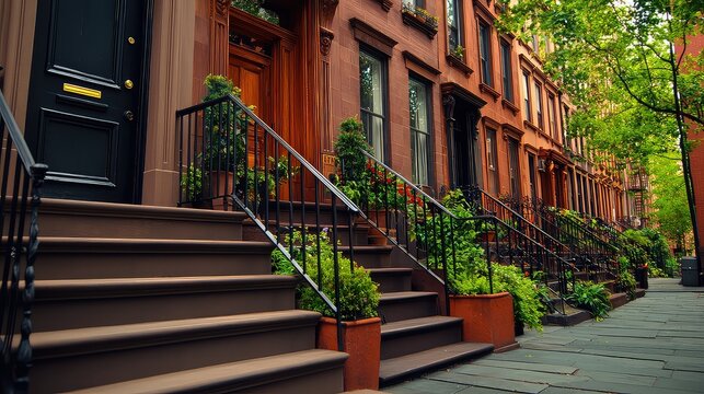 Classic Brownstone Townhouse Row With Greenery On A Warm Brown Background
