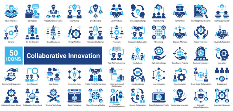 Collaborative Innovation icon set containing Open Innovation, Co Creation, Brainstorming, Strategic Alliances, Design Thinking, and more to illustrate teamwork, innovation, and knowledge sharing.