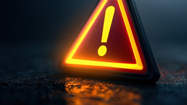 A glowing warning sign with an exclamation mark on a dark background