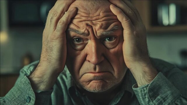 An older man with a grimacing face and hands on his head. This conveys deep concern or worry.