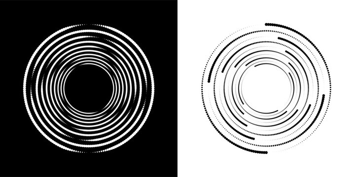 Dotted circle modern frame. Black and white halftone dotted circular radial on white and black background.