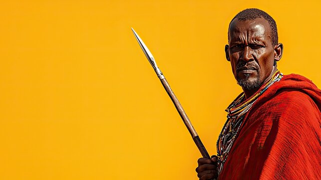 Maasai Warrior Holding A Spear Against A Solid Yellow Background