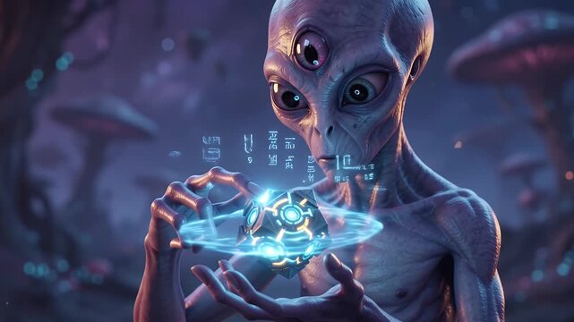 Close-up cinematic shot of a three-eyed alien creature with large blue eyes, illuminated by purple and blue light, evoking mystery and sci-fi themes