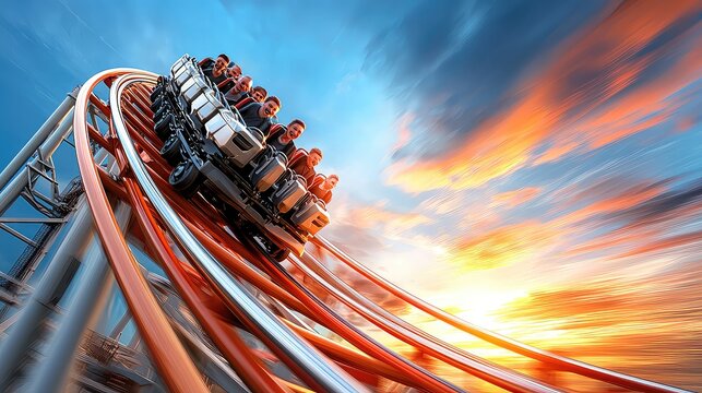 Thrilling Roller Coaster Ride During A Vibrant Sunset With Blue And Orange Sky