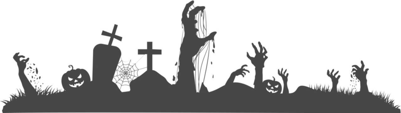 Halloween Graveyard Border with Zombie Hands Flat Vector Illustration, Spooky Cemetery Silhouette Background