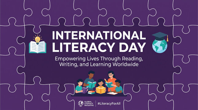 International Literacy Day educational poster with purple puzzle background showing diverse people reading books symbolizing global learning empowerment and knowledge sharing  generative ai
