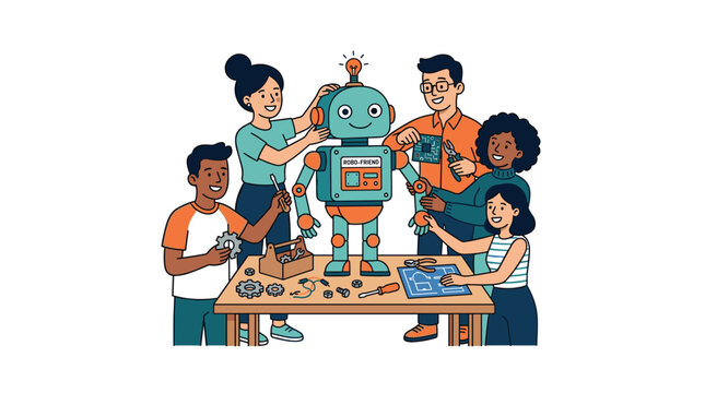 Diverse group of children building a robot together on a table, stem education and robotics