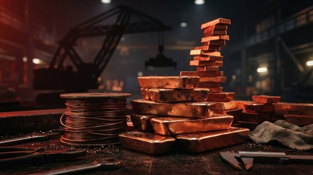 Copper wire spools, ingots, metal bars, and freight crane silhouette for copper market volatility and industrial metals supply