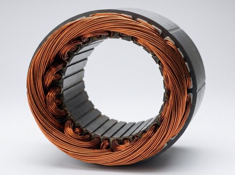 Close-up of electric motor stator with copper wire windings and steel laminations on a white background