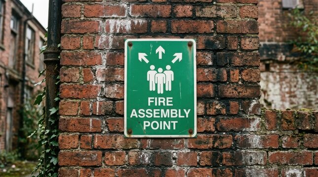 Green fire assembly point sign on brick wall