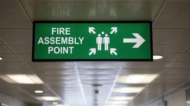 Green illuminated fire assembly point sign hanging from a ceiling in a modern building hallway
