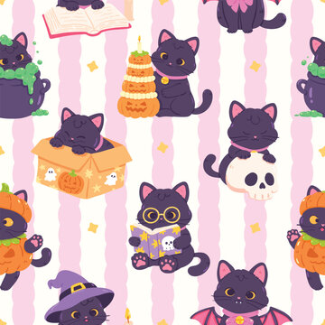 Cute Halloween Black Cat Seamless Pattern Background
