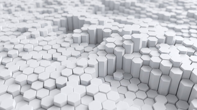 White 3D hexagonal pattern forming abstract geometric surface with varying heights symbolizing technology structure data visualization and modern minimal design  generative ai