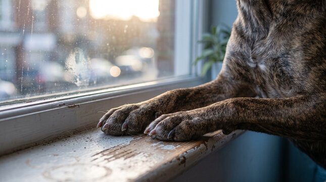Dog forepaws pressed flat with splayed toes on a claw scratched windowsill below a nose smeared fogged pane in bright backlit daylight, representing festive dog waiting at home and pet care concept